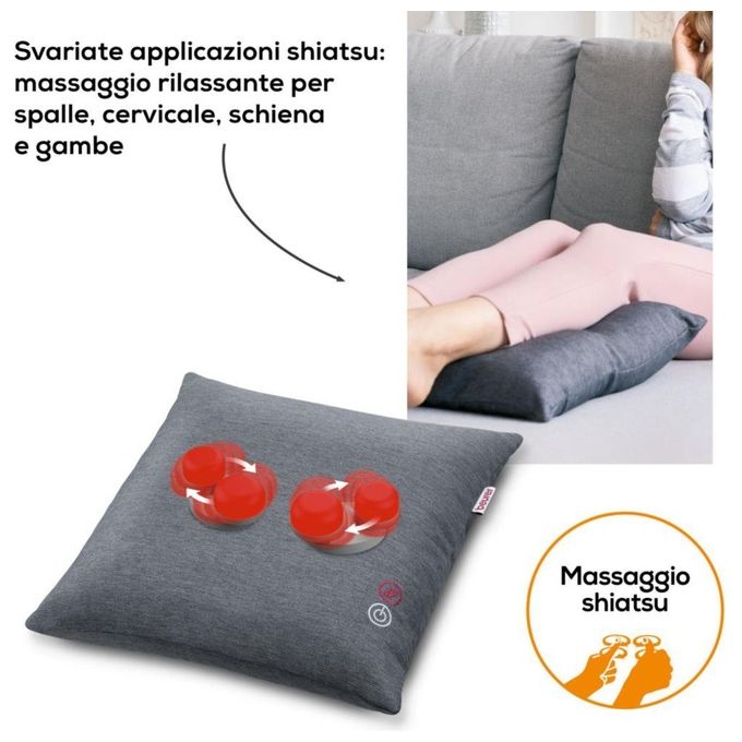 Beurer 64413 Cuscino massaggiante shiatsu con 4 testine rotanti funzione calore spegnimento automatico dopo 15 min colore Grigio