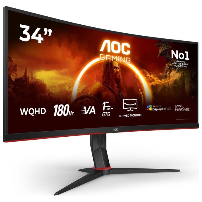 AOC CU34G2XP Gaming Monitor Curvo 34'' WQHD 3440x1440 180 Hz 1 ms VA HDR400 FreeSync Premium Hub USB colore Nero Rosso