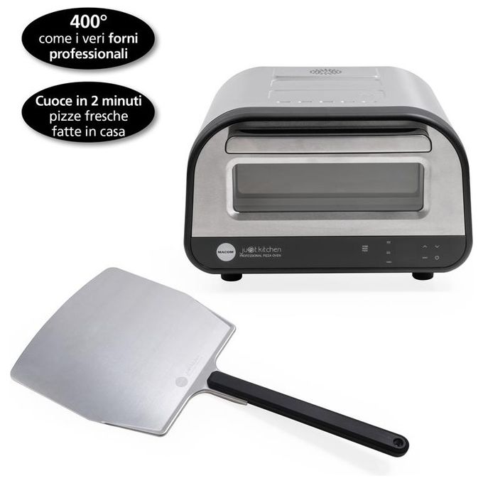 Macom 884 Just Kitchen Forno per Pizza Elettrico Pietra Refrattaria 32 cm 1700W 400°C Timer Digitale colore Nero Inox