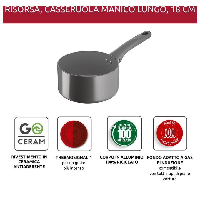 Lagostina 010274031118 Casseruola 18 cm Manico Lungo Fonda Antiaderente Ceramica