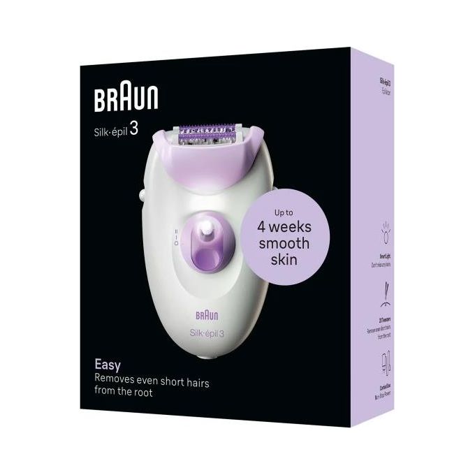 Braun SE3-000 Silk-épil 3 Epilatore 20 Pinzette Tecnologia MicroGrip 2 Velocita' Luce Integrata Rulli Massaggianti colore Viola Bianco
