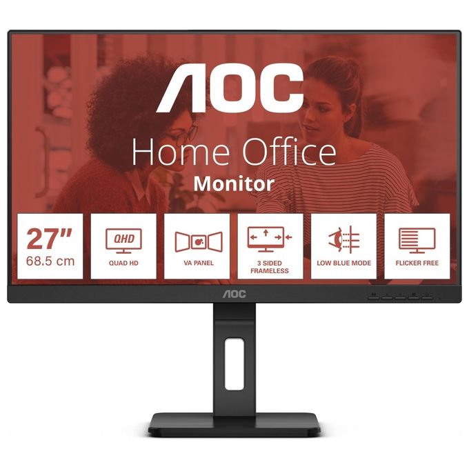 AOC Q27E3UMF Essential-line Monitor LED QHD 27'' 2560x1440 Pixel 75Hz VA Flicker Free Low Blue Light Regolazione Altezza Rotazione Girevole Altoparlanti Integrati Hub USB colore Nero
