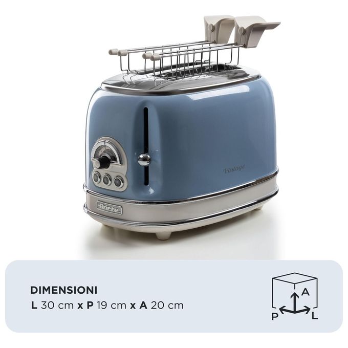 Ariete 155 Tostapane Vintage Celeste 2 Fette con Pinze 6 Livelli di Tostatura 810W Corpo Acciaio Inossidabile Vassoio Raccoglibriciole Estraibile