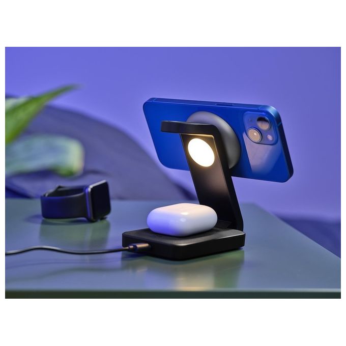 Trust Viro Supporto di Ricarica Wireless 3-in-1 Magnetico per iPhone Apple Watch AirPods 20W USB-C Design Pieghevole Luce Notturna LED Dimmerabile colore Nero
