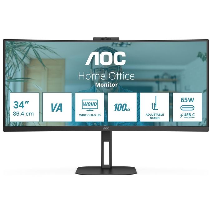 AOC CU34V5CW V5 Monitor curvo 34'' VA WQHD 21:9 100 Hz USB-C 65W Webcam AMD FreeSync Hub USB colore Nero