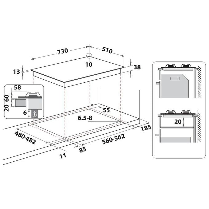 Whirlpool TGML 761 IX R Piano cottura a gas 73 cm 5 fuochi MultiLevel Flame griglie in ghisa colore Inox