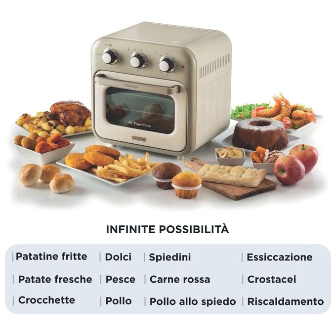 Ariete 4632 Friggitrice ad aria 2in1 con Forno Vintage 16 L 1400 W Timer 60 min Doppio Vetro Girarrosto colore Beige