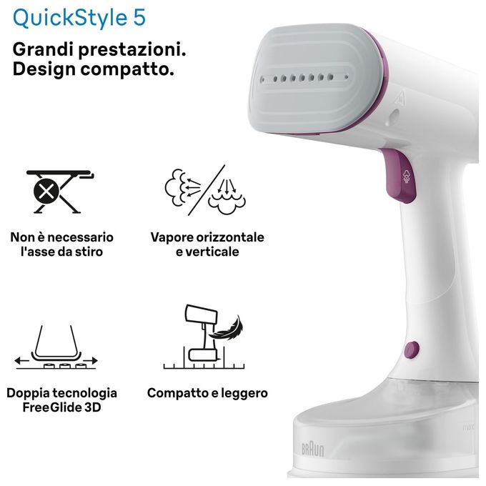 Braun GS5011PU QuickStyle 5 Stiratore Verticale 1200W Vapore 22 g-min Riscaldamento Rapido 45s Dual FreeGlide 3D colore Viola Bianco