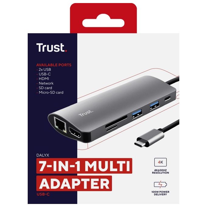 Trust 23775 Dalyx Hub USB-C 7 in 1 HDMI 4K RJ-45 Ethernet USB 3.2 Gen 1 100W Power Delivery colore Alluminio