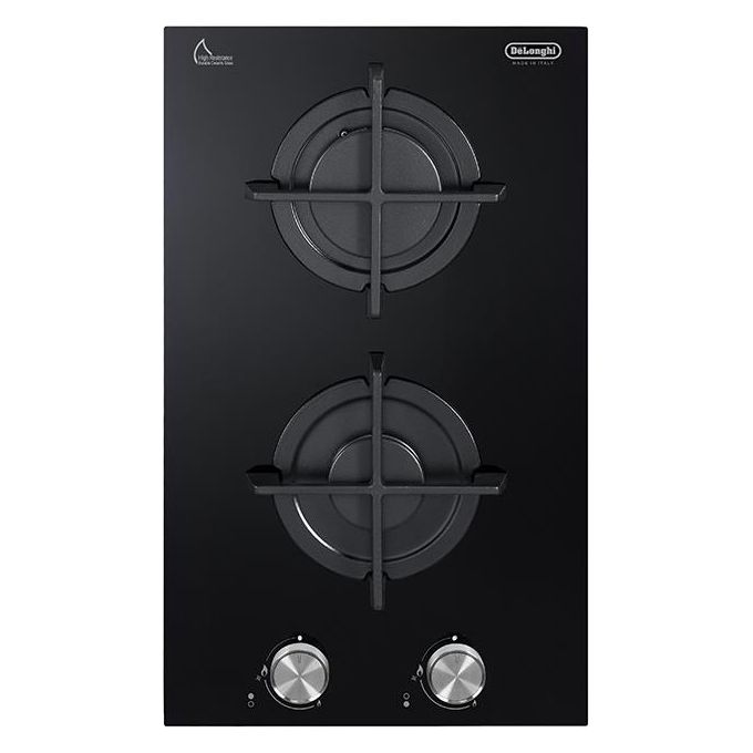 De'Longhi NSL230NC Piano cottura a gas 30 cm 2 fuochi vetroceramica griglie in ghisa manopole metallo colore Nero