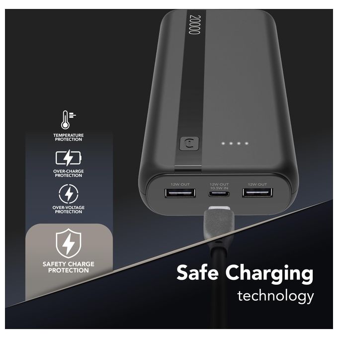 Cellularline PBENTRY20000K Power Bank 20000 mAh USB-C Input 10.5W 2 USB Output 12W Ioni di Litio LED colore Nero
