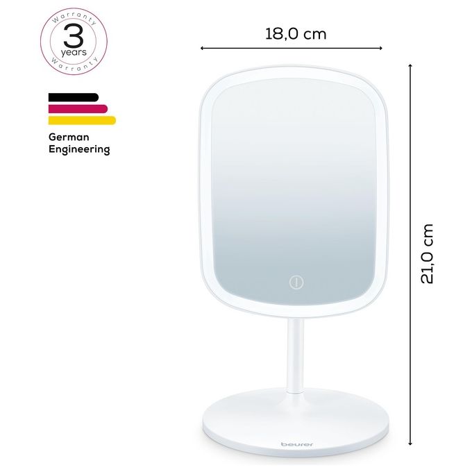 Beurer BS 47 Specchio cosmetico ricaricabile con 33 luci LED e pusante sensor touch -  Specchio con aggancio magnetico no zoom - 3 luci impostabili (calda fredda e naturale) - Con batteria agli ioni di litio per 3 ore di utilizzo senza fili - Funzione d