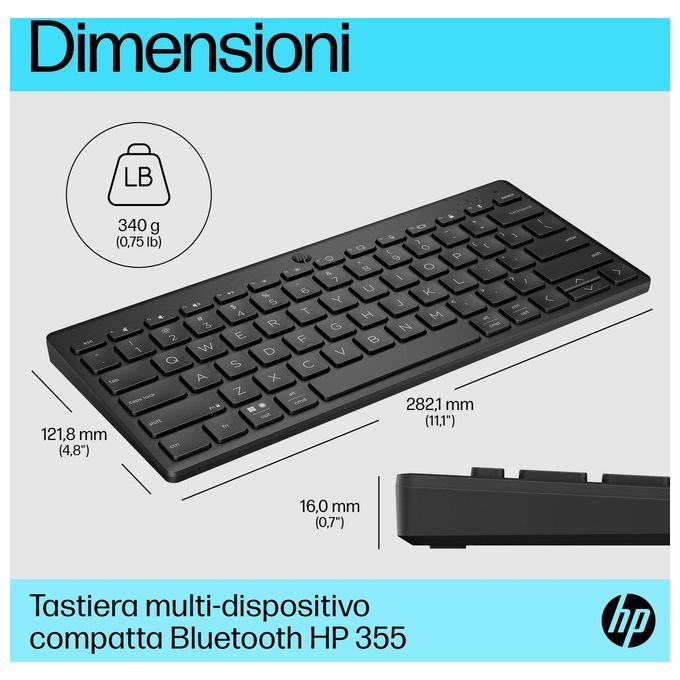 HP 692S9AA 355 Tastiera Bluetooth Multi-Dispositivo Compatta Wireless Bluetooth 5.2 Multi-Device 12 Tasti Rapidi colore Nero