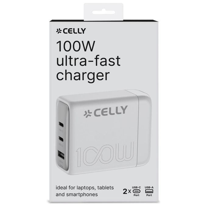 Celly 8021735204527 POWERST Stazione di Ricarica 100W con Tecnologia GaN 2 USB-C 1 USB-A colore Bianco