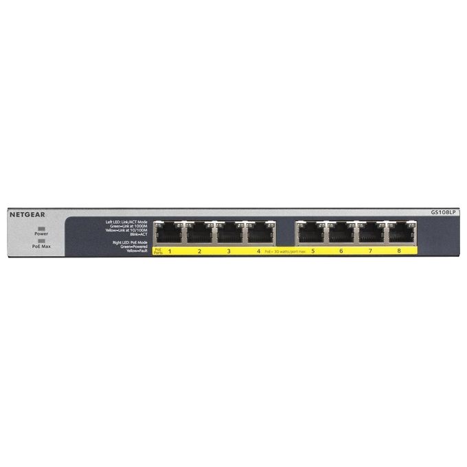 Netgear GS108LP Switch 8 x 10-100-1000 PoE+ Desktop Montabile su Rack Montaggio a Parete PoE+ 60W Alimentazione CC