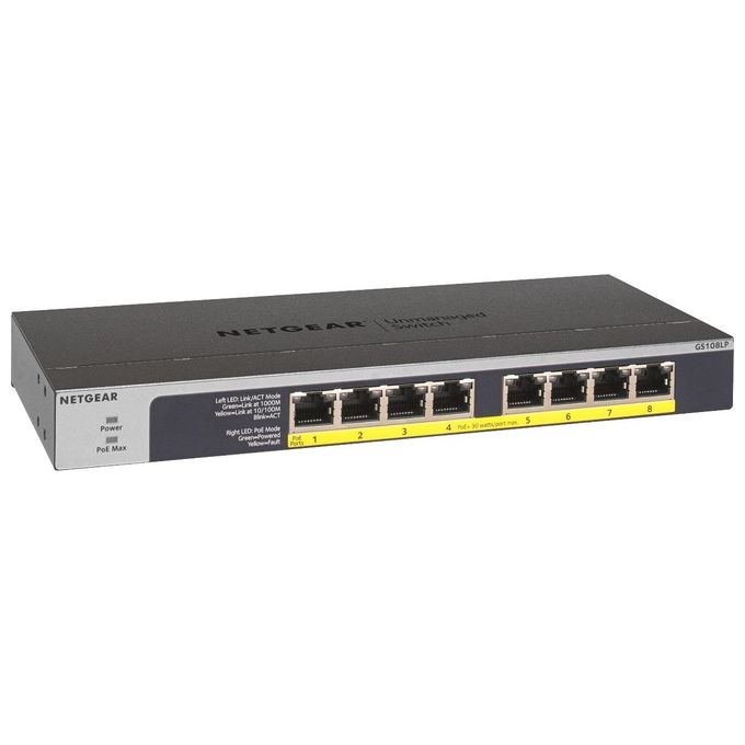 Netgear GS108LP Switch 8 x 10-100-1000 PoE+ Desktop Montabile su Rack Montaggio a Parete PoE+ 60W Alimentazione CC