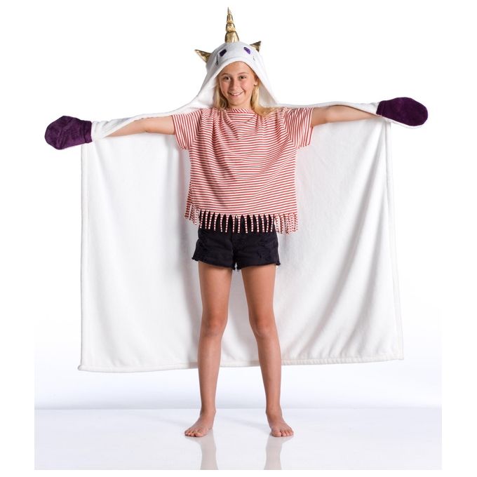 Kanguru LAL1196 Unicorn Blanket Coperta Indossabile in Poliestere con Cappuccio e Guanti a Forma di Zampa colore Bianco-Viola