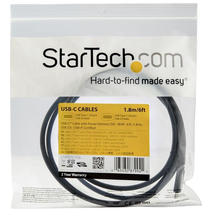 StarTech USB315C5C6 Cavo USB-C a USB-C 1.8 m PD 5A 100W 5Gbps USB-IF Certificato Thunderbolt 3 Compatibile colore Nero