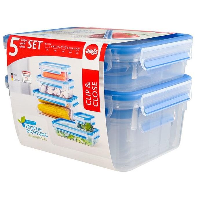 Emsa Clip and Close Set 5 Contenitori Salvafreschezza Ermetici 0.25 0.55 1.00 1.20 2.30 L senza BPA colore Blu Trasparente