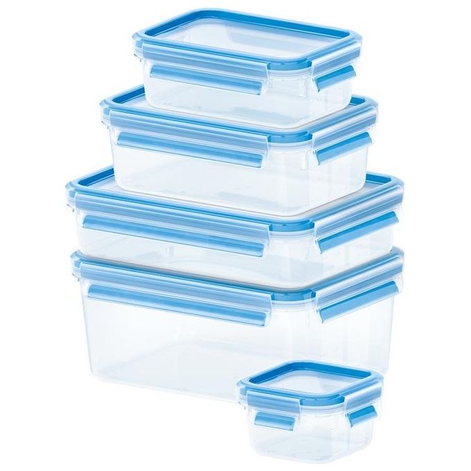 Emsa Clip and Close Set 5 Contenitori Salvafreschezza Ermetici 0.25 0.55 1.00 1.20 2.30 L senza BPA colore Blu Trasparente