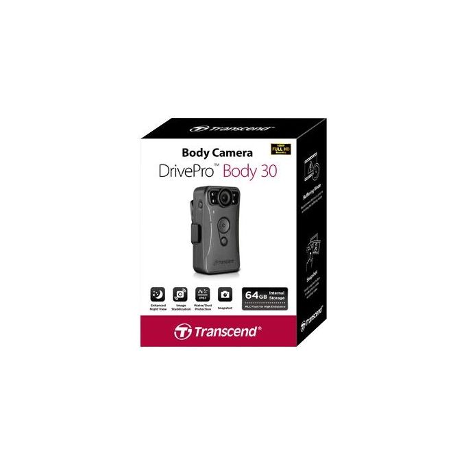 Transcend TS64GDPB30A DrivePro Body 30 Action Cam 64GB Wi-Fi Bluetooth Full HD 1080p 130° IP67 colore Nero