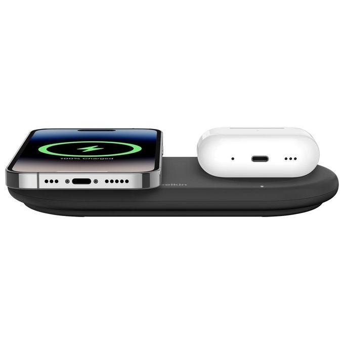 Belkin WIZ021VFBK BoostCharge Pro Tappetino di Ricarica Wireless 2 in 1 con Tecnologia Magnetica Qi2 Fino a 15W per iPhone e AirPods con Alimentatore 30W e Cavo USB-C colore Nero