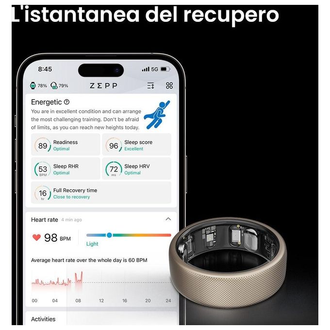 Amazfit W2321TY1N Helio Ring Anello Smart Taglia 10 Bluetooth 10 ATM autonomia 4 giorni colore Titanio
