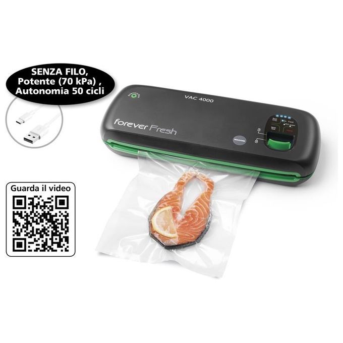 Macom VAC4000 Forever Fresh Macchina Sottovuoto Cordless Barra Sigillante 28 cm Autonomia 50 cicli USB colore Nero Verde