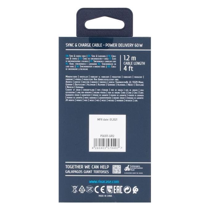 Rivacase Cavo di Ricarica Piatto In Nylon Resistente Type-C - Type-C 1.2mt Grigio