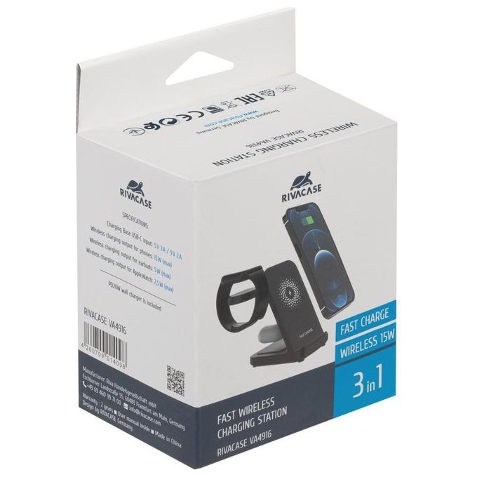 RivaCase VA4916 Caricatore Stand Wireless 3 in 1 Compatibile con iPhone Samsung e Apple Watch 15 W colore Nero