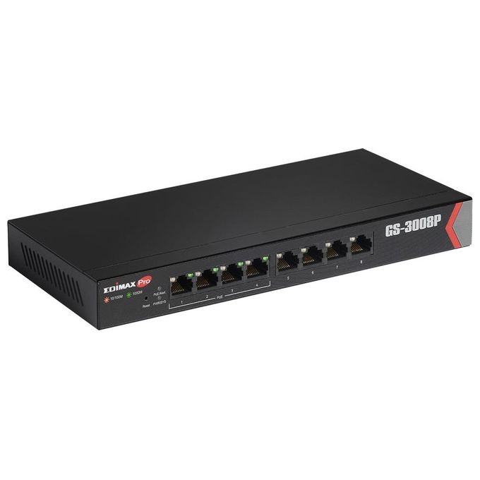 Edimax GS-3008P Switch di Rete Gestito 8 Porte Gigabit Ethernet con 4 Porte PoE+ Budget Totale 72W Supporto Long Range colore Nero