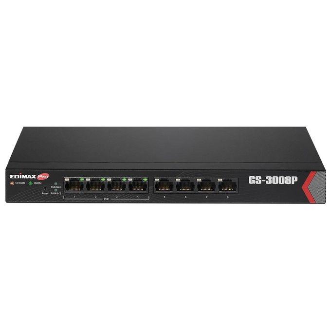 Edimax GS-3008P Switch di Rete Gestito 8 Porte Gigabit Ethernet con 4 Porte PoE+ Budget Totale 72W Supporto Long Range colore Nero