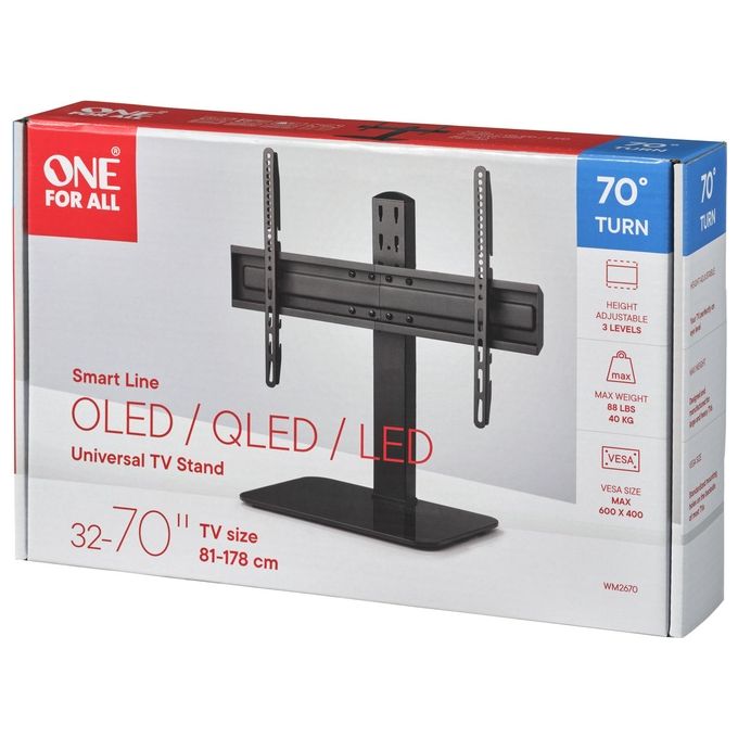 One For All 8716184076527 WM2670 Supporto TV da Tavolo Regolabile in Altezza 5 Posizioni Rotazione 70° VESA 100x100 a 600x400 Peso Massimo 40 Kg colore Nero