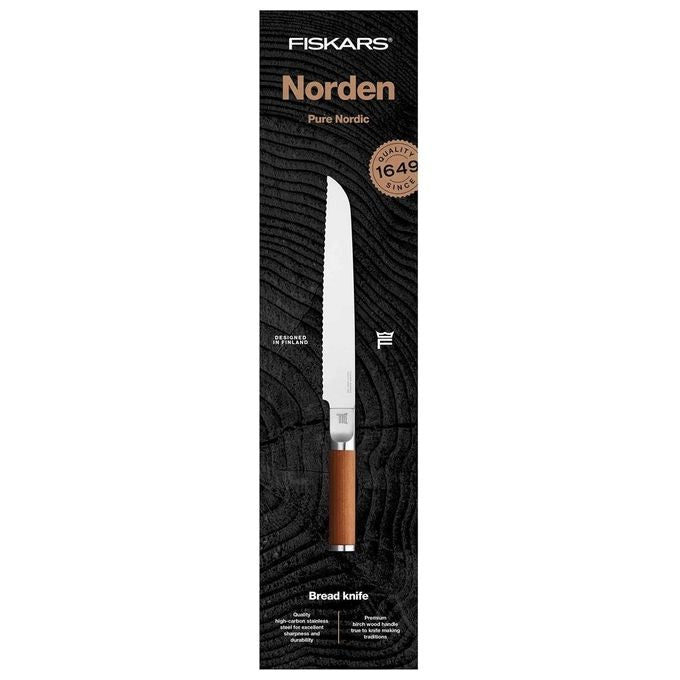 Fiskars 1026421 Norden Coltello da Pane Acciaio Inox Manico Betulla Finlandese colore Marrone Argentato