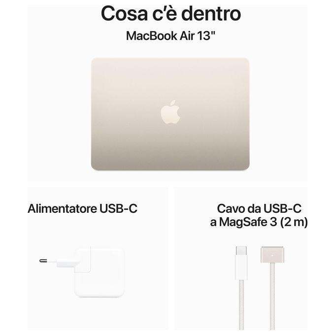 Apple MRXU3T-A MacBook Air 13'' Notebook Chip M3 CPU 8 core GPU 10 core 8GB RAM 512GB SSD Display Liquid Retina 13.6'' Touch ID colore Galassia