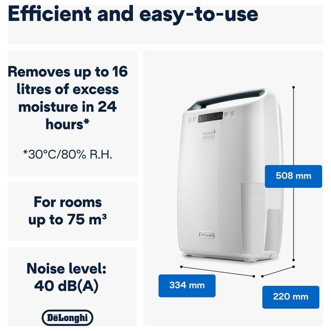 De'Longhi DEXD216RF AriaDry Deumidificatore 16L-giorno 285W Filtro 3 Azioni Serbatoio 2.1L R290 colore Bianco