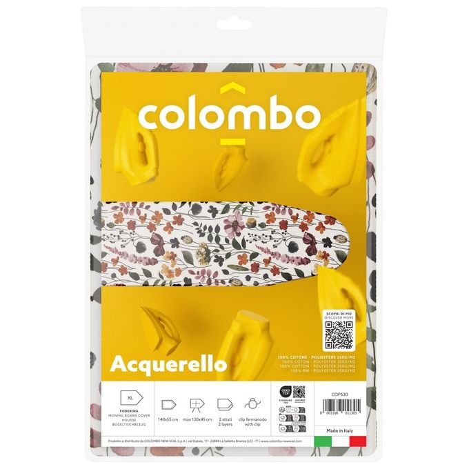 Colombo COP530 Foderina Copriasse da Stiro XL 2 Strati Cotone 100% Poliestere 250g-mq con Clip Fermanodo 140x55 cm colore Multicolore