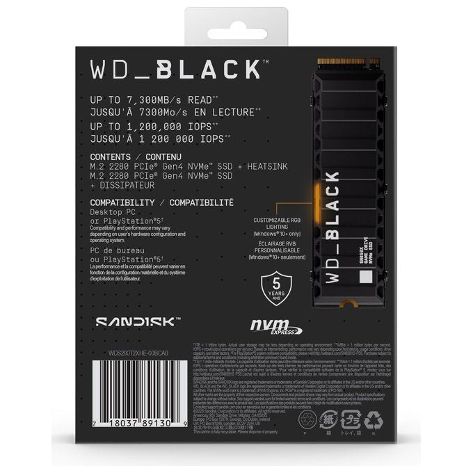 Western Digital WDS200T2XHE SN850X SSD Interno M.2 2 TB PCI Express 4.0 NVMe fino a 7300 MB-s con dissipatore termico colore Nero