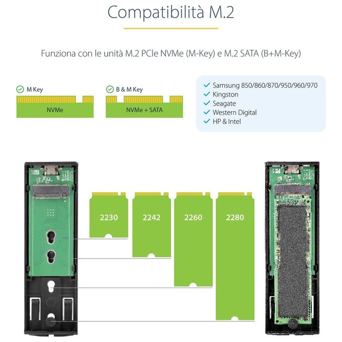 StarTech.com M2-USB-C-NVME-SATA Box Esterno SSD M.2 NVMe SATA USB-C 10Gbps Alluminio 2230 2242 2260 2280 colore Grigio
