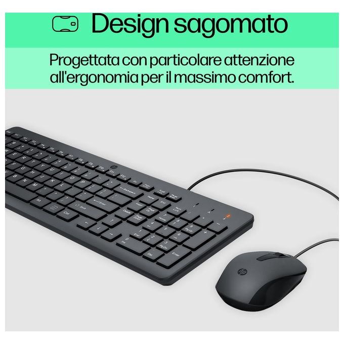 HP 240J7AA 150 Kit Tastiera e Mouse Wired USB Full-size Sensore Ottico 1600 DPI Plug and Play colore Nero