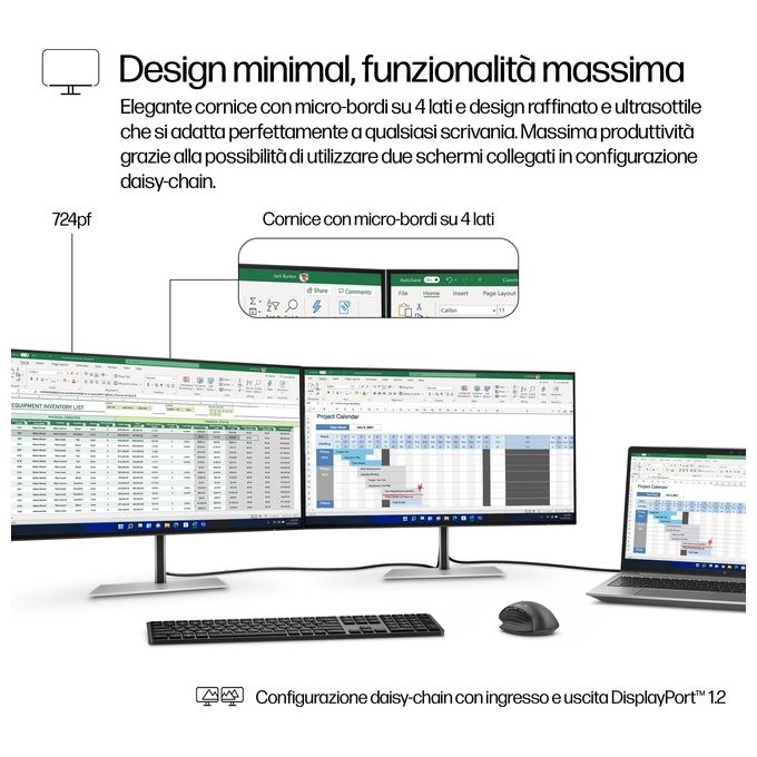 HP 8X530AA Serie 7 Pro Monitor PC 23,8'' Full HD IPS 1920x1080 100Hz 5ms Hub USB 3.2 VESA colore Nero Argento