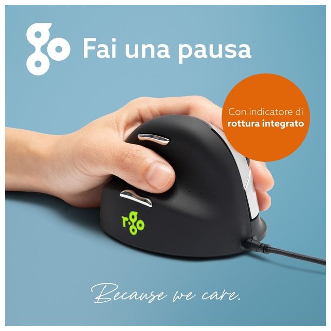 R-Go Tools RGOHELELA Mouse Ergonomico Verticale per Mancini Risoluzione 2400 DPI con Software di Pausa Cavo 1,69 m colore Nero