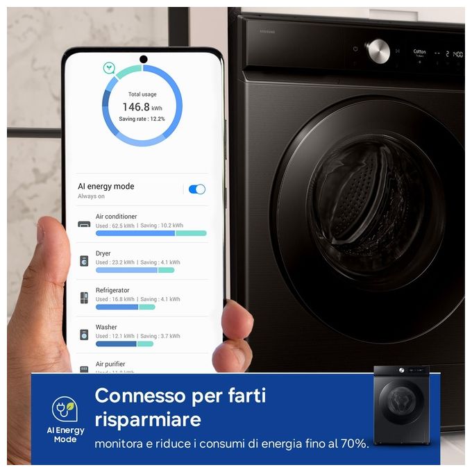 Samsung WD11DB7B85GBU3 Bespoke AI Lavasciuga Frontale 11-6 Kg 1400 rpm Classe D Ecodosatore AI Wash Wi-Fi (85x60x60 cm) colore Nero