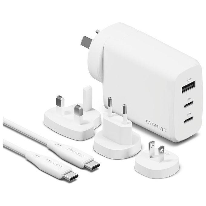 Cygnett CY4771PDWCH VOYAGER Caricatore da Muro 67W GaN 3 Porte USB PD con Custodia da Viaggio colore Bianco