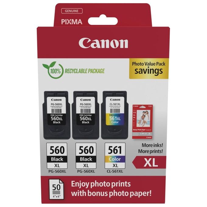 Canon 3712C012 Cartuccia d'inchiostro Originale Resa Elevata XL 3 pezzi (2 nere + 1 a colori) compatibile PIXMA TS5350 TS7450 colore Nero Ciano Magenta Giallo