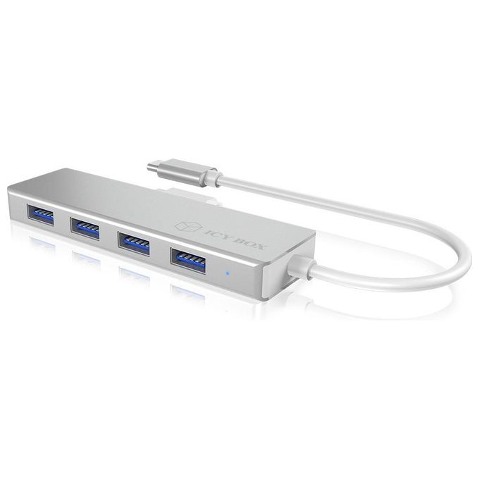 Raidsonic IB-HUB1425-C3 Hub USB-C a 4 Porte con 4 Porte USB 3.0 Connettore USB 3.0 in Alluminio Cavo Integrato Argento-Bianco