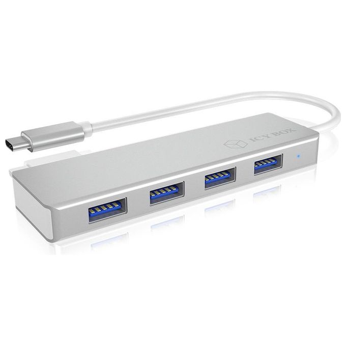 Raidsonic IB-HUB1425-C3 Hub USB-C a 4 Porte con 4 Porte USB 3.0 Connettore USB 3.0 in Alluminio Cavo Integrato Argento-Bianco