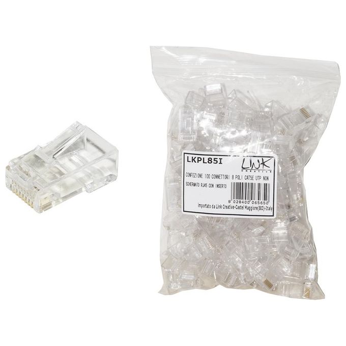 Link confezione 100 connettori 8 poli cat 5e utp non schermato rj45 con inserto per cavo flessibile