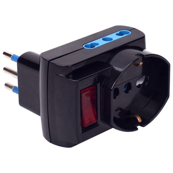 Polypool Adattatore Salvaspazio Pluristandard Triplo con Interruttre Luminoso e Spina 10a Nero
