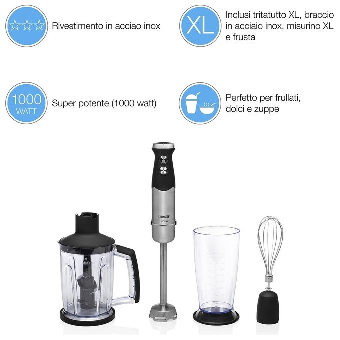 Princess 01.221221.01.001 Set mixer a immersione 1000 W con 4 lame e accessori colore Nero Acciaio inox